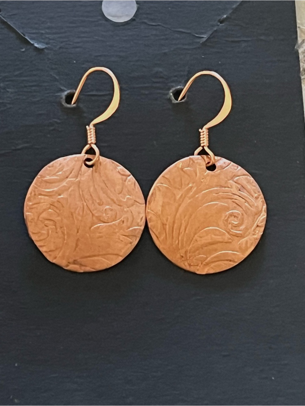 Handmade Copper Disc Earrings Embossed Floral Boho Artisan Hammered Round Dangle